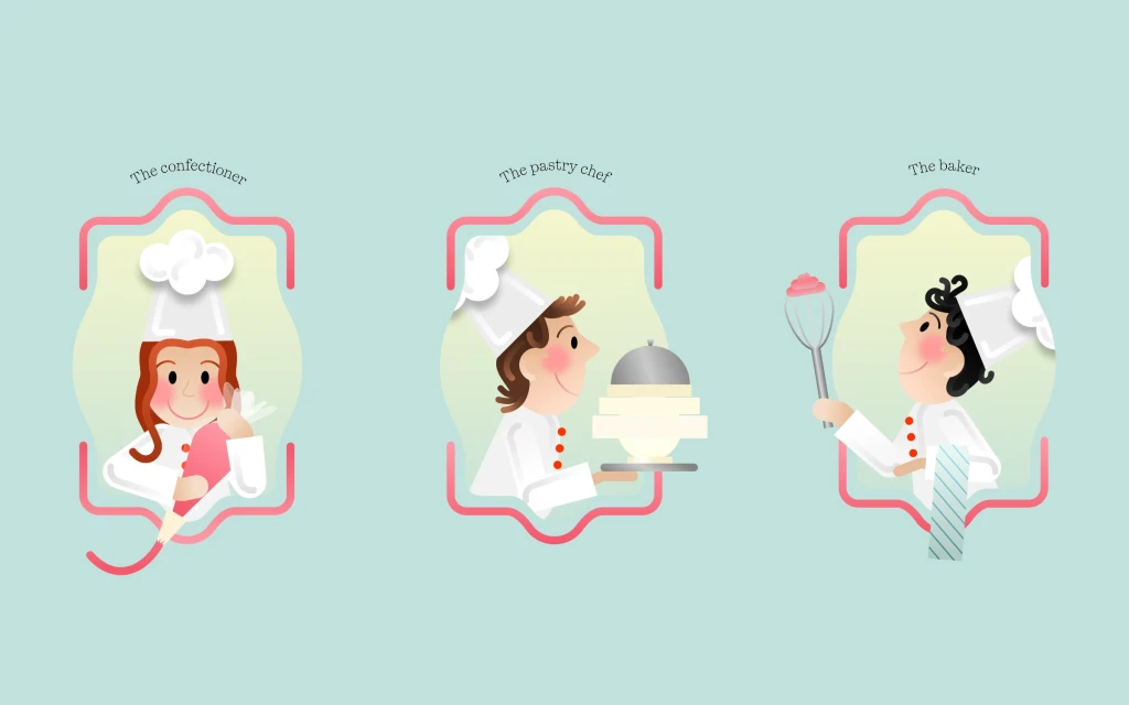 Ilustración de los fundadores de PongoTodo como pasteleros: Lara, Guillem y Arnau