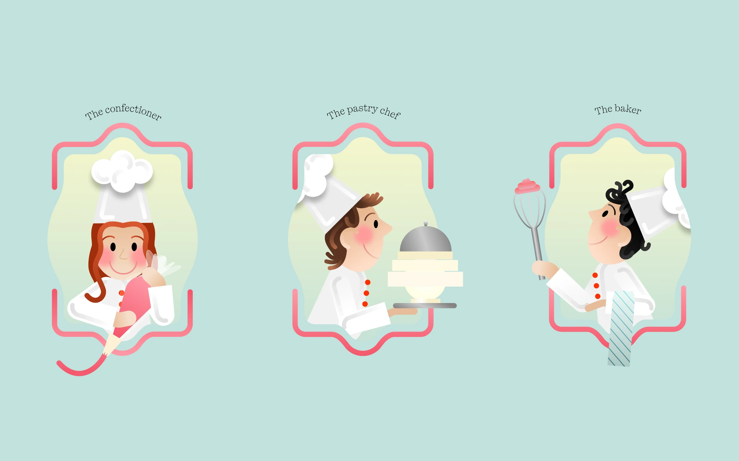 Ilustración de los fundadores de PongoTodo como pasteleros: Lara, Guillem y Arnau